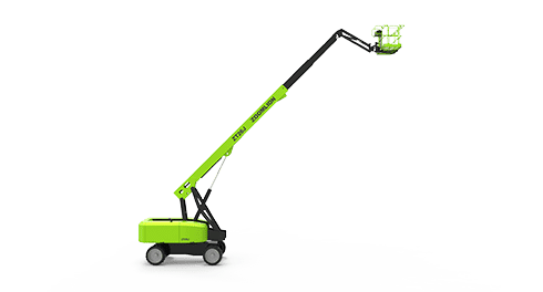 Zielona podnośnikowa platforma robocza na białym tle.