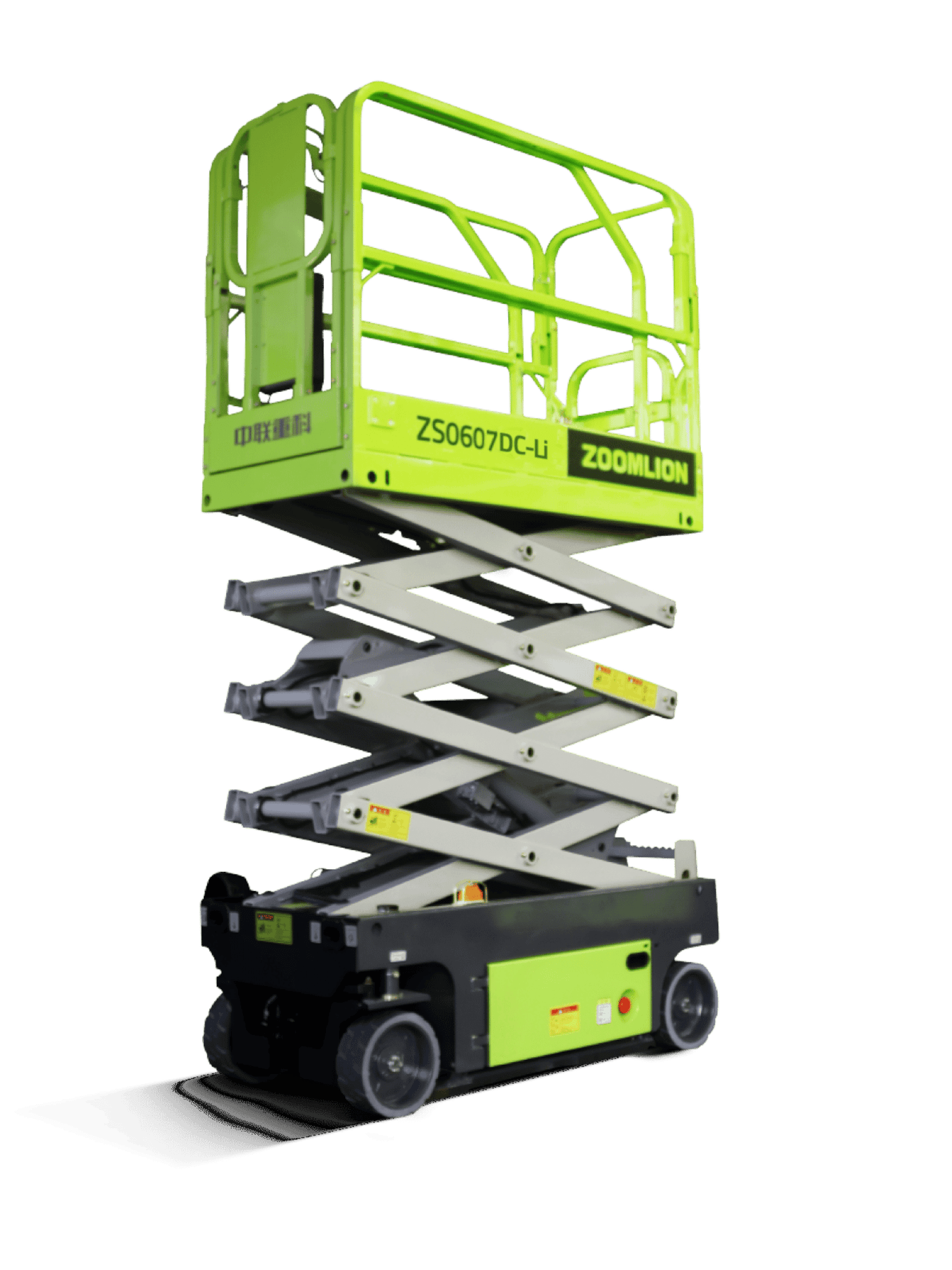 Nůžkový zvedák, zelený, od společnosti Zoomlion.