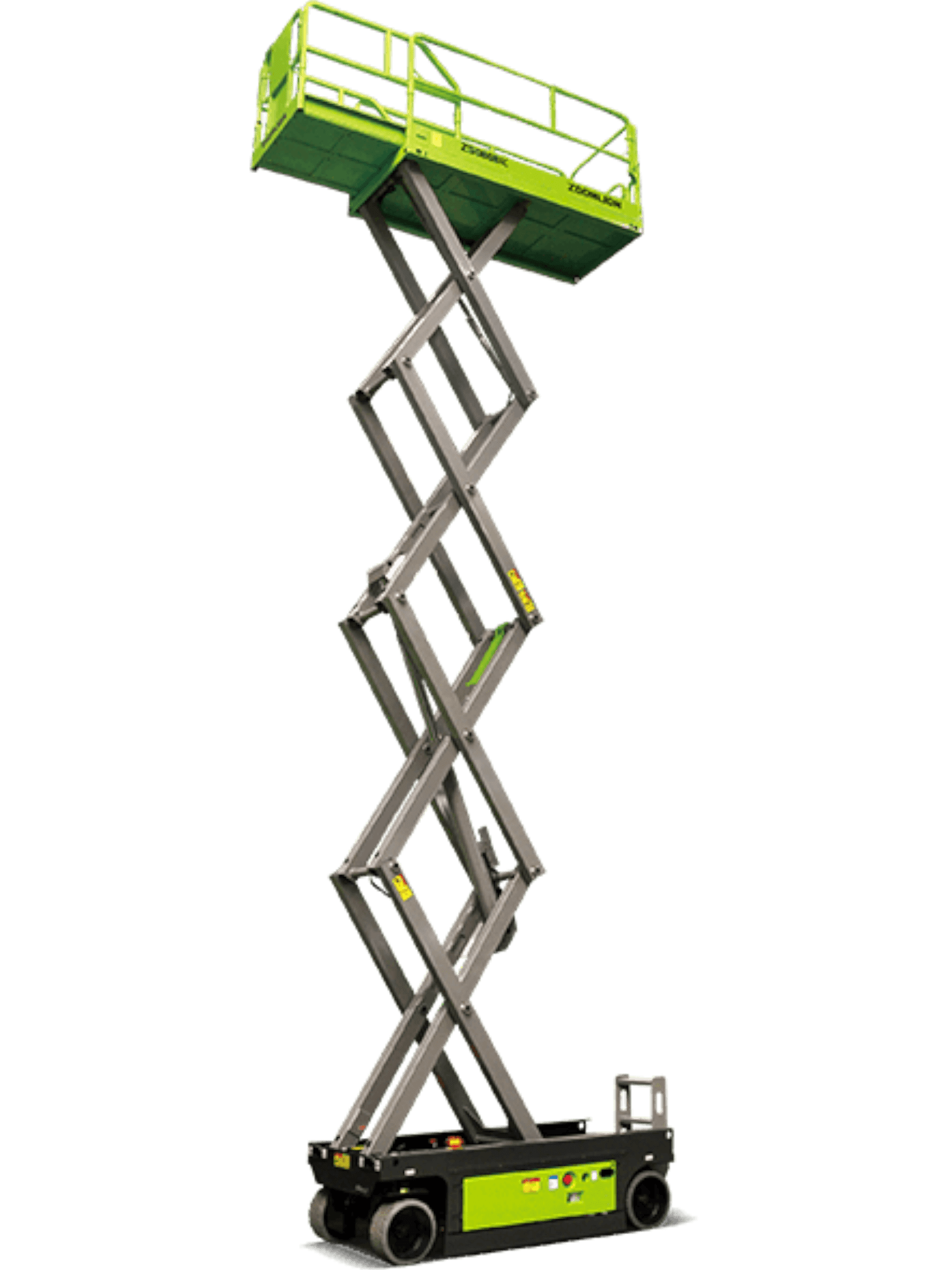 Scissor lift, green, on a black background.