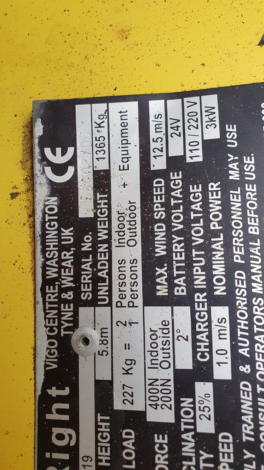 Tabliczka znamionowa urządzenia z parametrami technicznymi.