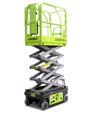 Mobile scissor lift in green color.