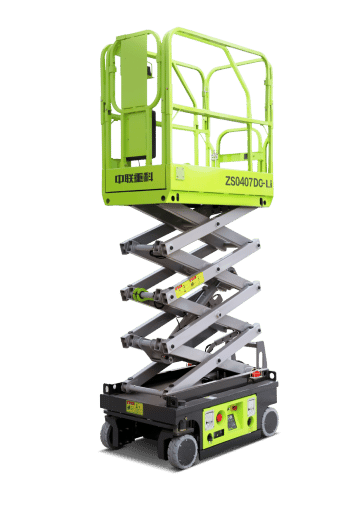 Mobile scissor lift in green color.