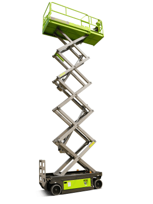 Scissor lift by Zoomlion on a green background.