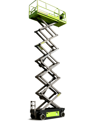 Scissor lift on a green background.