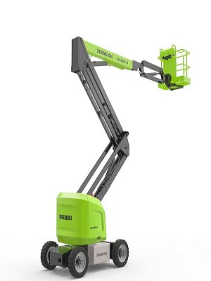 Green Zoomlion scissor lift on a white background.