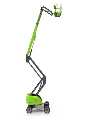 Green scissor lift on a white background.