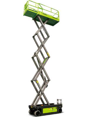 Scissor lift, green, on a black background.