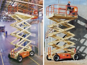 Scissor lift in use at a construction site.