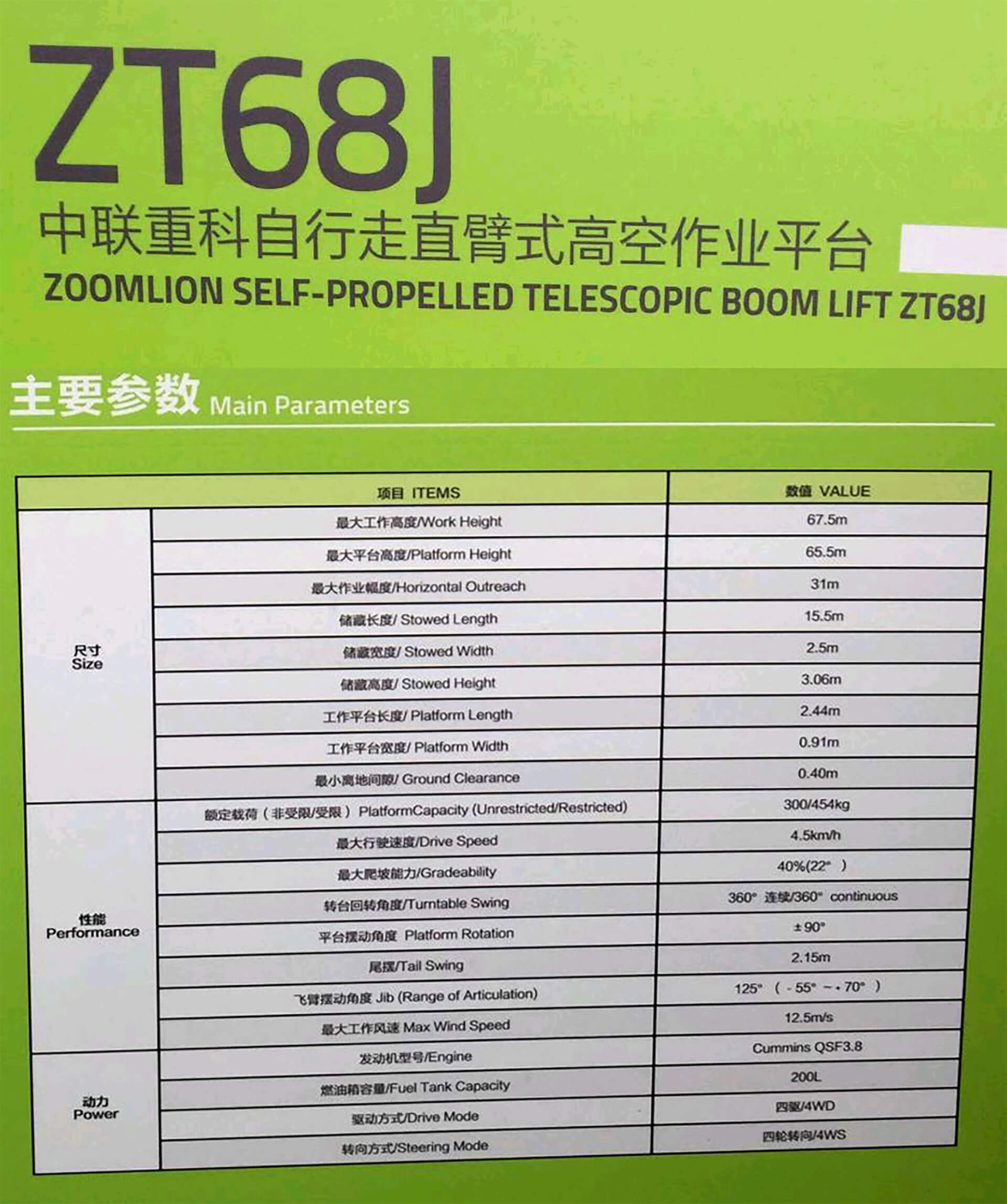 Bacpolska Podnośnik Wolno Bieżny Zt68j 67,5m Bauma China 2020 W Szanghaju Dane Techniczne