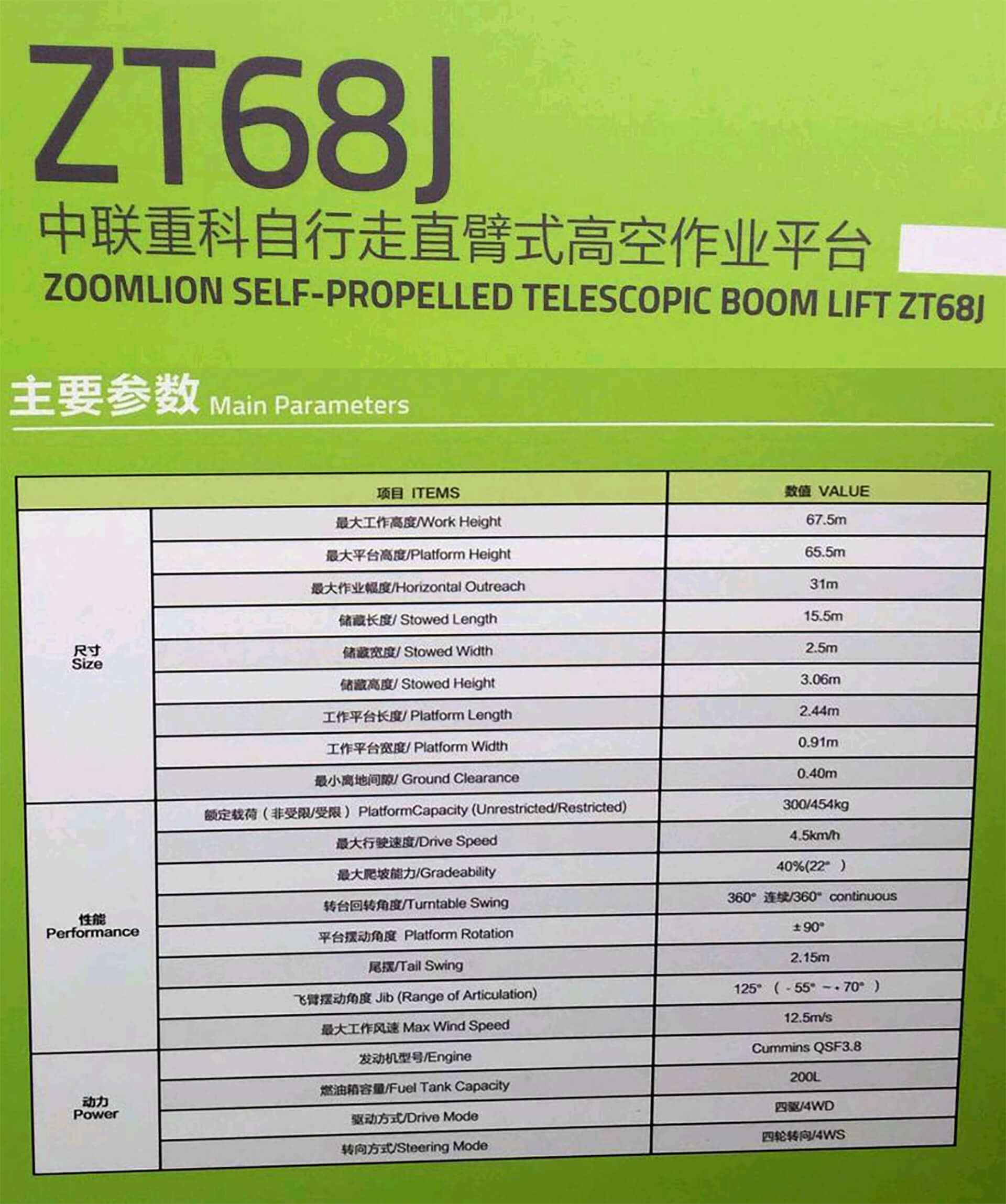 Bacpolska Free Running Lift Zt68j 67.5m Bauma China 2020 In Shanghai Technical Data