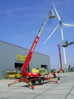 An aerial lift at a wind turbine.