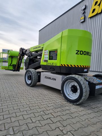 Zoomlion ZA14JE-Li aerial lift in front of the building.