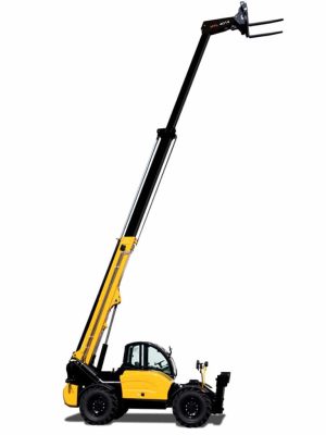 Yellow telescopic forklift on white background