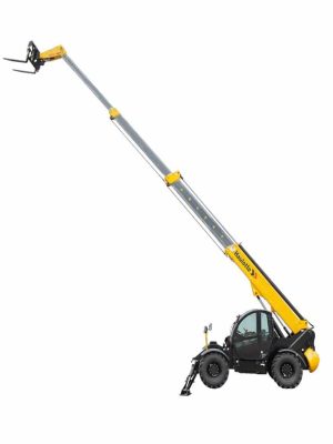 Yellow telescopic loader on a white background.