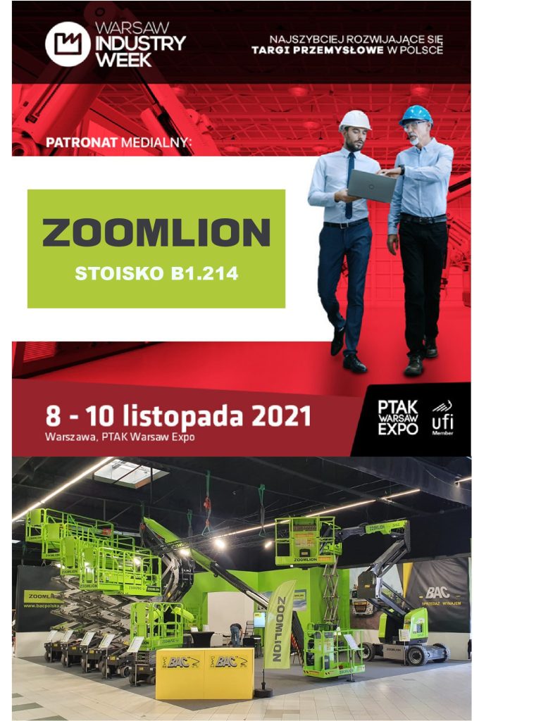 Plakat Warsaw Industry Week, stoisko ZOOMLION, PTAK Warsaw Expo.