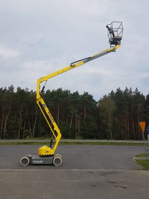 Podnośnik koszowy na drodze obok lasu