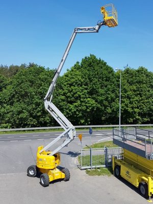 An aerial lift when working outdoors.