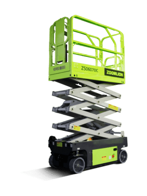 Scissor lift by Zoomlion on a green background.