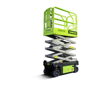 Scissor lift by Zoomlion on a green background.