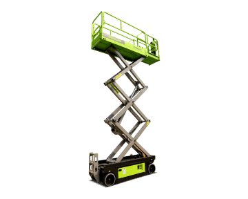 Mobile scissor lift on a green background.