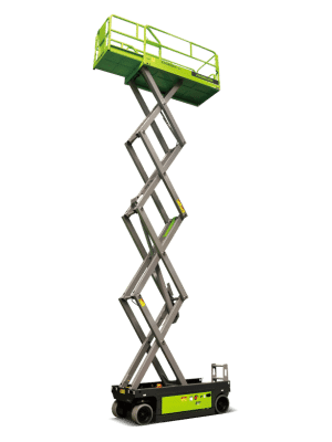 Scissor lift, mobile, industrial, green.