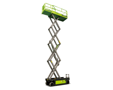 Scissor lift, mobile, industrial, green.