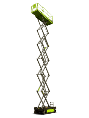 Scissor lift on a green background.