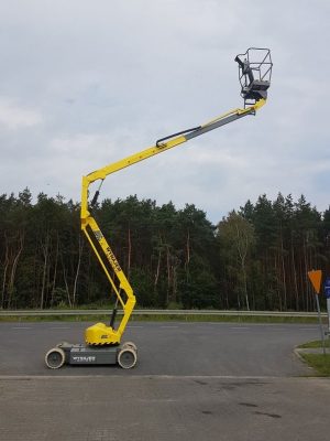 Żółty podnośnik koszowy obok drogi i lasu.