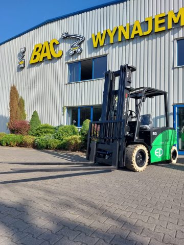 Forklift in front of BAC RENTAL building.