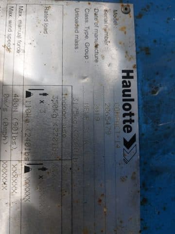 Haulotte device nameplate, technical information.