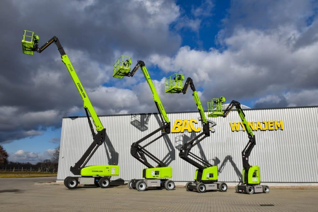 Zoomlion aerial lifts in front of the "BAC" building.