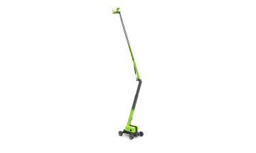 Electric lawn trimmer, green, on a white background.
