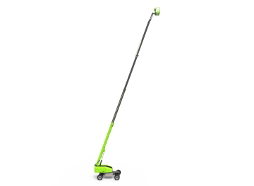 Green electric lawnmower on green background