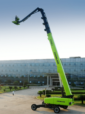 Zoomlion aerial lift in front of modern building.