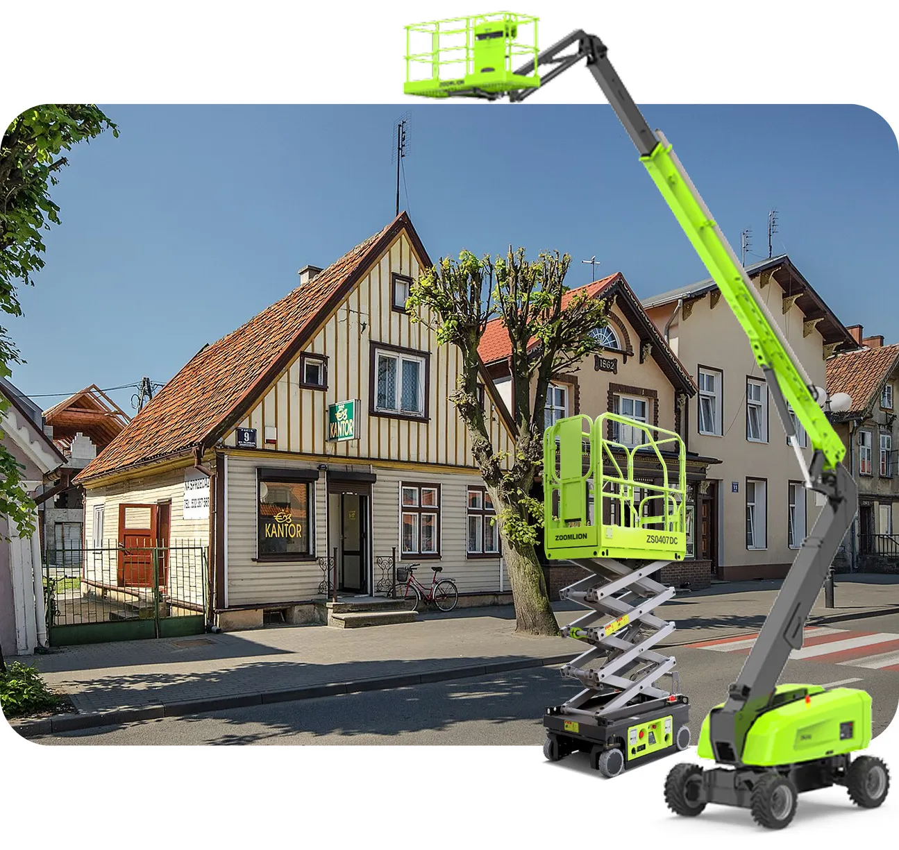 podnośniki nożycowe i teleskopowe zoomlion w tle nowy dwór gdański główna ulica