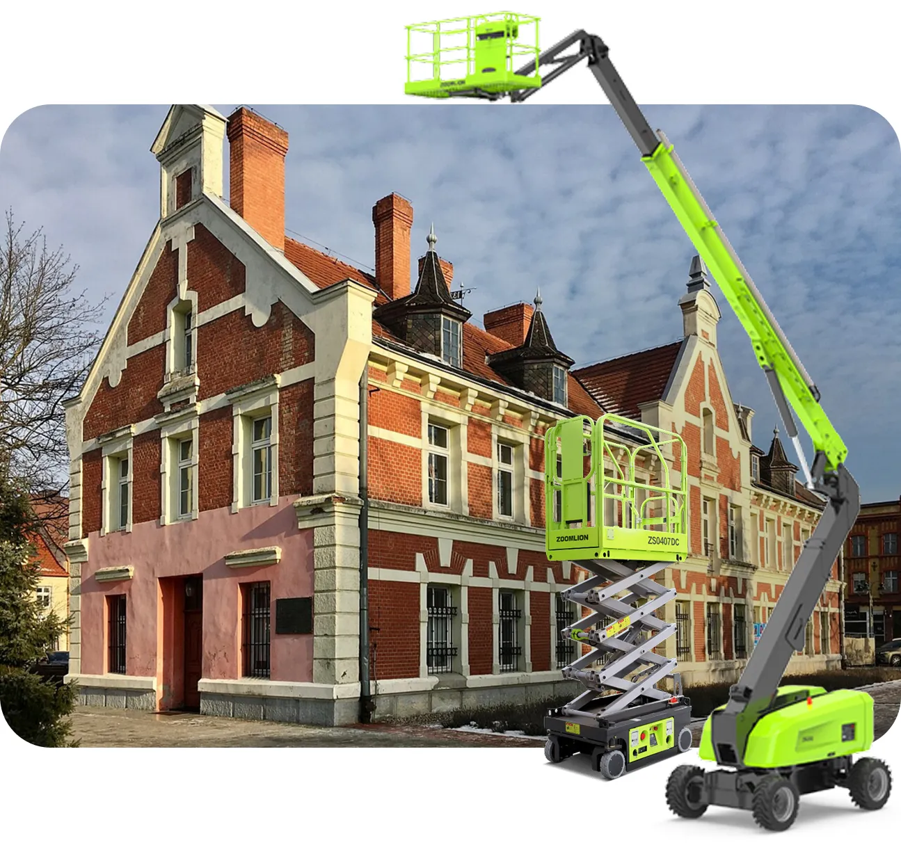 podnośniki nożycowe i teleskopowe na tle miasta Starogard Gdański